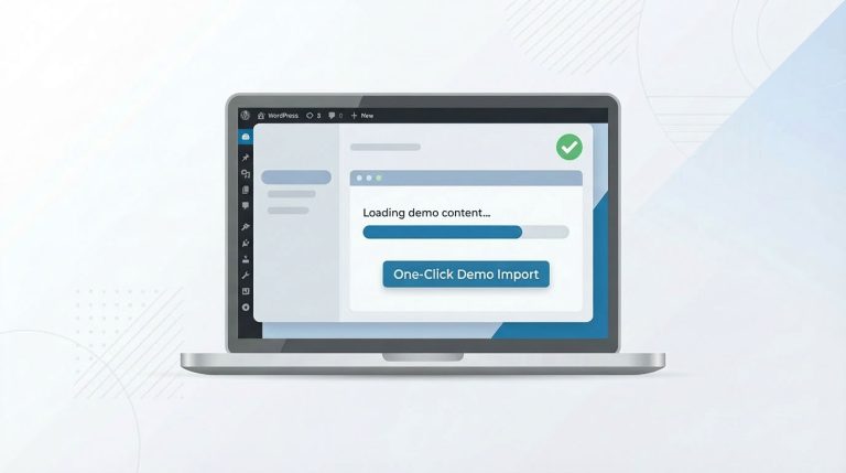 One-click demo import feature in WordPress showing a ready-made website layout being imported
