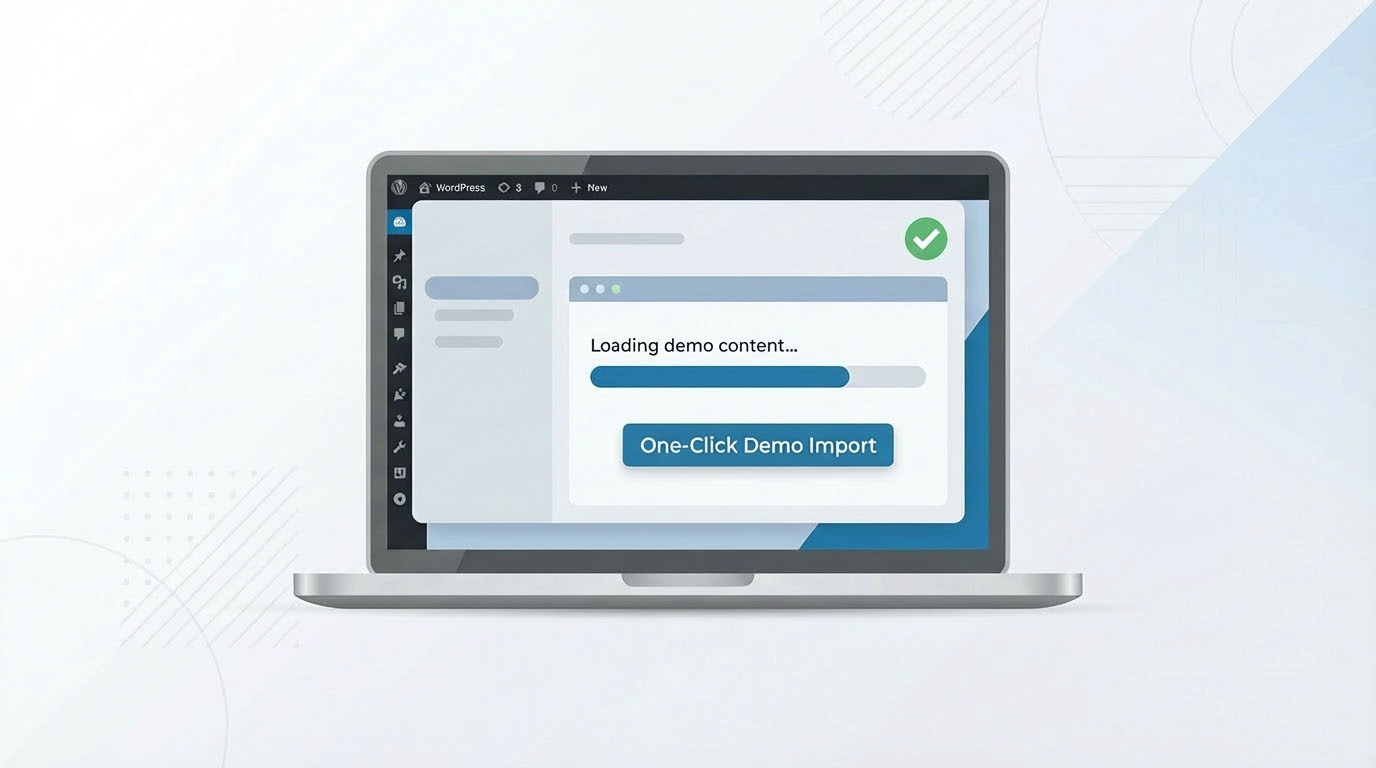 One-click demo import feature in WordPress showing a ready-made website layout being imported